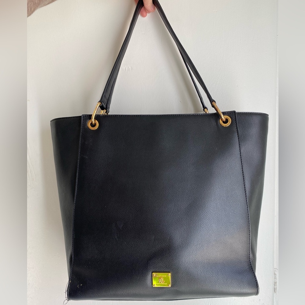 Lauren Ralph Lauren Pebbled Leather Navy Tote with Gold Accents